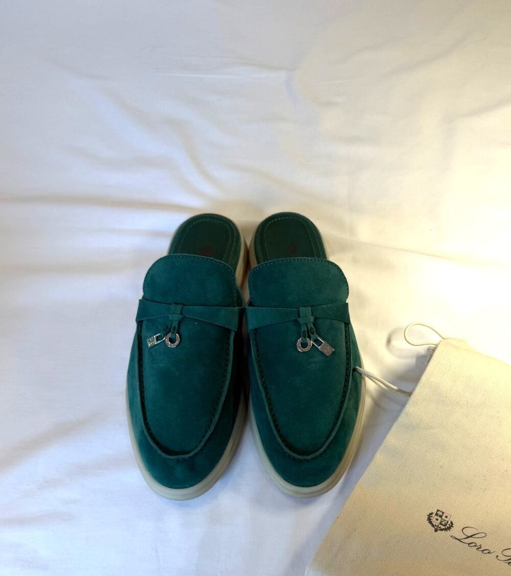 Loro Piana Summer Walk Charm Babouche Slides EU 38 Teal Suede Made in Italy